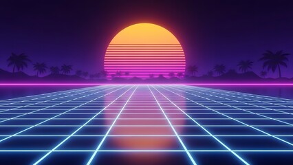 Synthwave landscape background with sunset horizon neon glowing grid and palm trees with 80s style vaporwave aesthetics for futuristic design