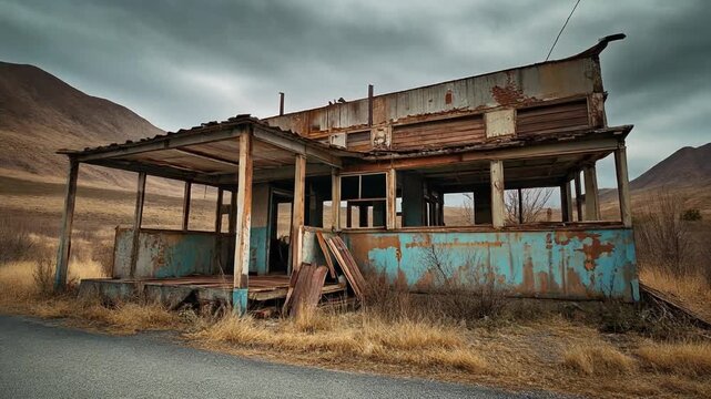 Abandoned roadside building with rusted facade and broken windows stands in a desolate landscape under a cloudy sky, a poignant reminder of a forgotten past