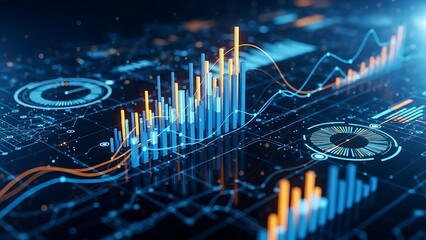 Financial data visualization with graphs and charts on a digital screen