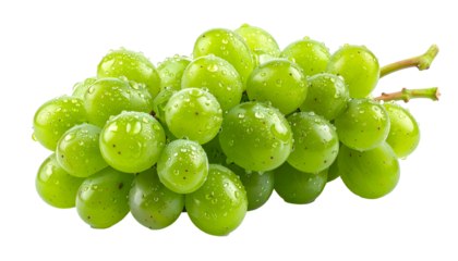 A close-up of a bunch of fresh, green grapes with water droplets, isolated on black