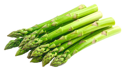 Fresh, green asparagus spears, tightly bunched, on a stark black background