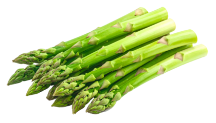 Fresh, green asparagus spears, tightly bunched, on a stark black background