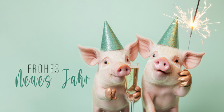 Frohes neues Jahr, Neujahr, Silvester, Party, Feier, lustiges Tier, Gru&szlig;karte, Karte mit deutschem Text - S&uuml;&szlig;e Schweine mit Wunderkerze und Sektglas, isoliert auf Hintergrund t&uuml;rkis