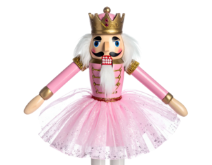A festive, pink-clad toy soldier in a tutu, with a golden crown, arms outstretched