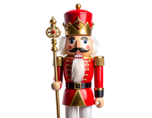A classic, wooden soldier, wearing a red coat and crown, holding a staff