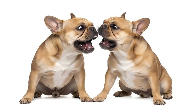 Two French Bulldogs Sitting and Barking at Each Other.
