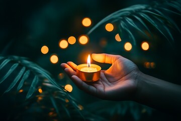 A gentle glow in the palm: illuminating hope and peace in a serene evening