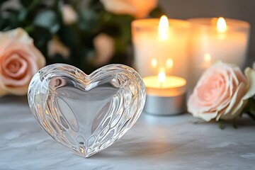 Clear crystal heart with soft roses and warm glowing candles for a romantic ambiance