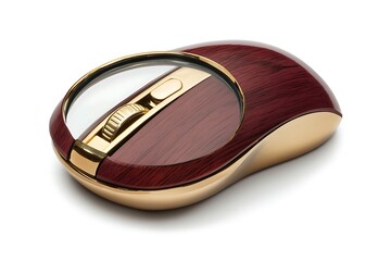 Stylish wireless computer mouse featuring a rich wooden top and polished gold details