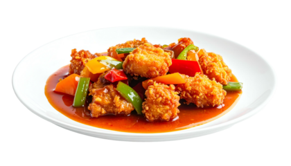 Crispy fried chicken pieces with bell peppers in a sweet and sour sauce, on a white plate