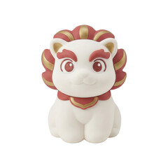 Isolated Cute Chinese Guardian Lion Statue with Red and Gold Accents