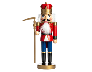 A classic red and gold toy soldier figurine, standing, holding staff, festive, on black