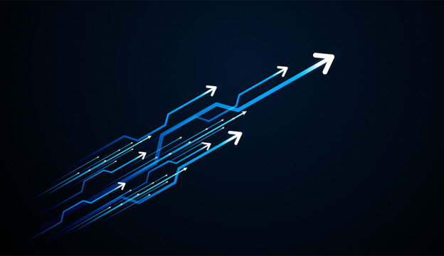 Layered neon lines converge into a bold arrow, representing unified data driving market momentum. and Parallel arrows glide across a dark grid, visualizing