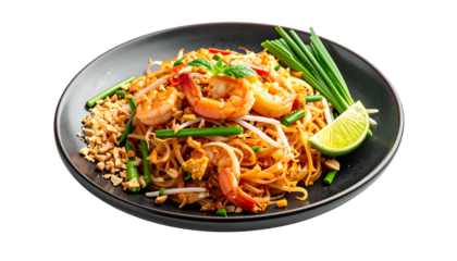A vibrant Pad Thai dish featuring shrimp, peanuts, lime, bean sprouts, and herbs on a black plate
