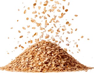 A studio photo of a bunch of fresh oat flakes with oatmeal falling on a white background