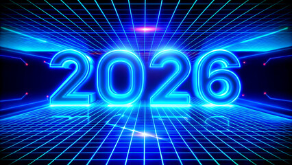 Digital future concept of the year 2026 presented with neon blue numbers and grid.