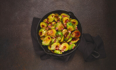roasted brussels sprouts, with bacon, vegetarian food, homemade, no people,