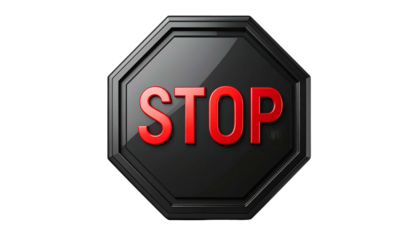 Glossy, black octagonal sign with raised trim, bright red "STOP" letters