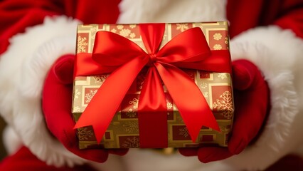 Santa Claus's classic red-gloved hands tenderly present a beautifully wrapped golden gift box, adorned with a vibrant red bow, embodying the spirit of holiday generosity and cheer