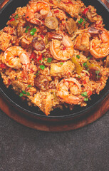 Jambalaya, Creole dish, American pilaf, rice with chicken and shrimp, vegetables, homemade, no people,
