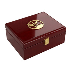 Elegant Chinese polished wooden tea box with gold leaf emblem and clasp