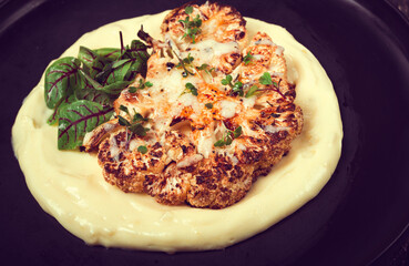 cauliflower steak, with mashed potatoes, spices and herbs, homemade, no people,
