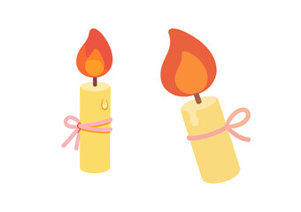 Two lit wax candles tied with pink ribbon bow minimalist flat cartoon vector illustration for celebration and holiday design
