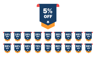 Set of discount sale badges with percentage off labels from 5% to 95%. Ideal for ecommerce, retail offers, promotions, price reduction, sale marketing, and shopping deals.