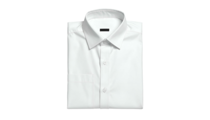 A pristine white, folded button-down dress shirt isolated on a black background