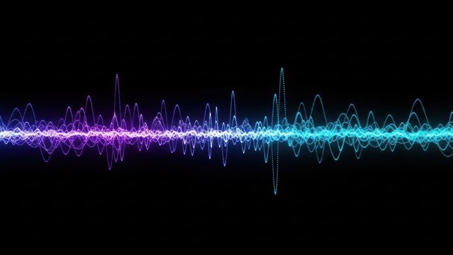An abstract data visualization of sound waves flowing horizontally across a dark background.