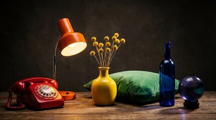 Fototapeta premium Colorful Still Life with Vintage Red Rotary Telephone, Orange Lamp, and Decorative Objects