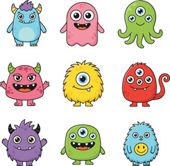 Fototapeta premium Funny colorful cartoon monsters with unique shapes, eyes, horns, tentacles, fur, expressions, kids design, fantasy creatures - flat vector illustration