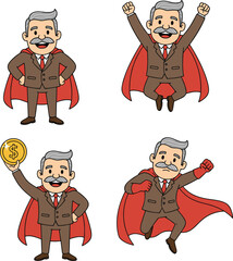 Cartoon businessman superhero character in suit and cape with confident poses, success symbols, and emotions - flat vector illustration