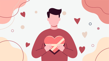 Man Holding Heart Shaped Chocolate Box in Modern Valentine Flat Design