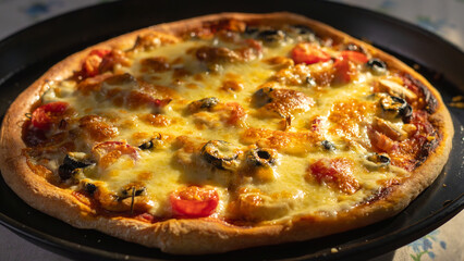 Cheese pizza with olives and tomatoes on baking tray