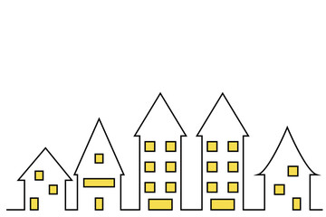 シンプルな街並みの線画ベクターイラスト｜住宅と都市の風景セット