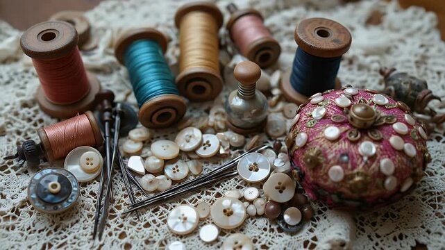 Vintage Sewing Notions and Mother of Pearl Buttons Still Life, A Timeless Craft