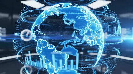 Blue digital hologram of Earth rotating with financial data charts and network rings in futuristic high tech server room - Powered by Adobe