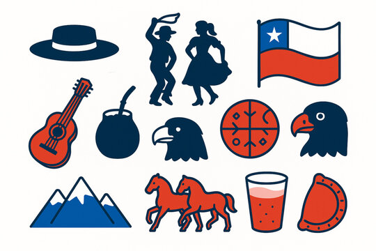 Chilean Culture Icon Set Vector Illustration with Traditional Symbols and Landmarks