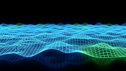 Blue and Green Wireframe Landscape Background with Mesh Grid Surface Glowing Technology Structure for Digital Visualization Presentation
