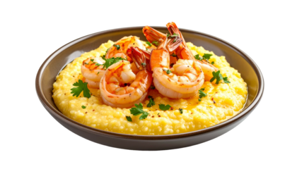 Creamy grits topped with cooked shrimp, served in a shallow bowl. Parsley garnish