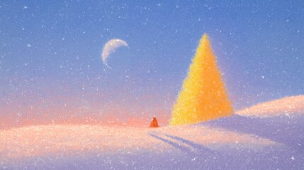 Snowy winter landscape with glowing golden pine tree, crescent moon, and falling snowflakes under twilight sky. Soft pink and purple hues on snow-covered hills, creating a cozy, magical seasonal scene