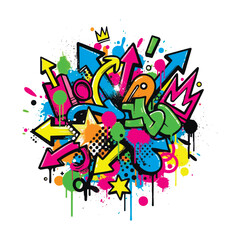 Vibrant urban graffiti composition. Colorful vector street art with arrows, crowns, stars, and neon paint drips isolated on white.