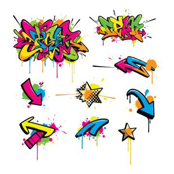 Set of colorful graffiti vector elements. Urban street art collection with arrows, stars, splashes, and wildstyle lettering isolated on white.