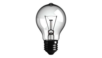 A clear glass lightbulb, filament glowing dimly inside, against a black background