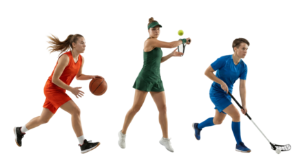 Diverse athletes engaged in dynamic sports actions basketball tennis and floorball activities with