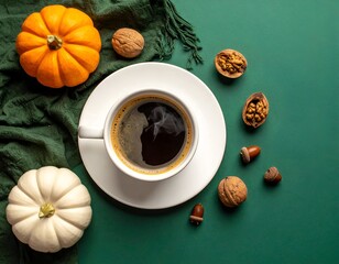 Overhead shot of coffee, pumpkins, walnuts, and acorns arranged on a teal cloth