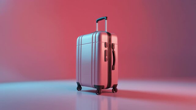 Modern pink rolling suitcase with telescoping handle in a studio setting with dramatic blue and red neon lighting