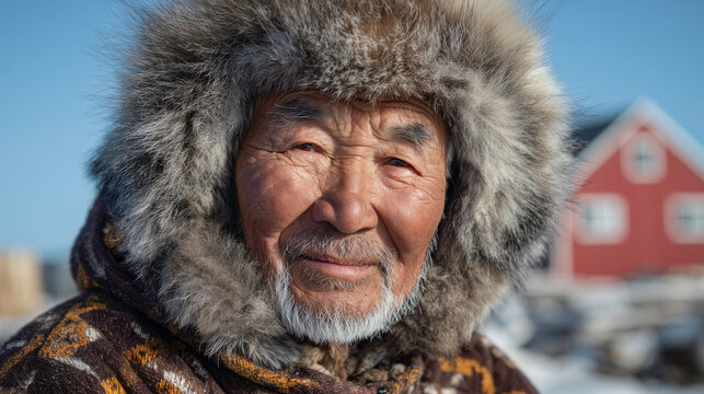 Close up outdoor portrait of Eskimo senior man wearing traditional clothing with fur collar.