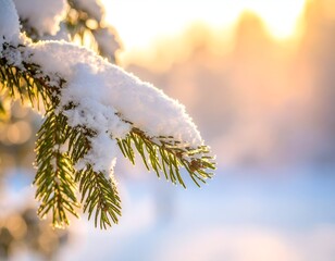 Close-up of snow-covered evergreen branch, bathed in warm sunlight